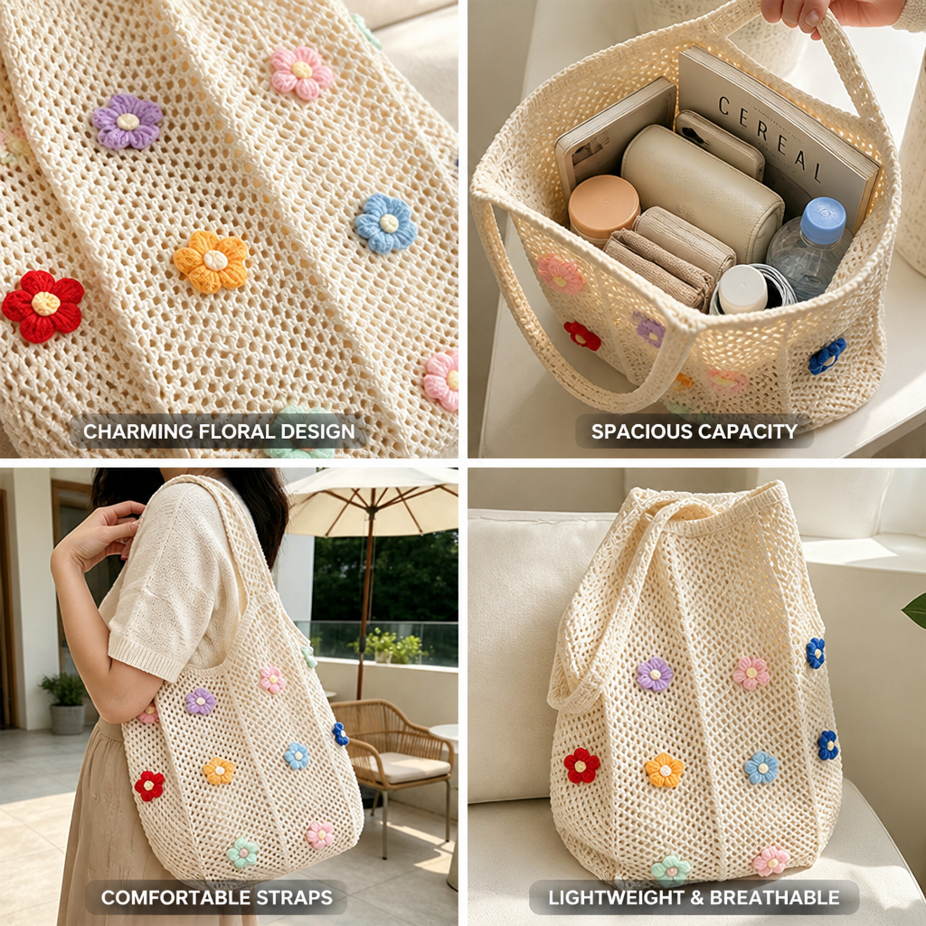 Spacious Floral Appliqué Crochet Tote Bag