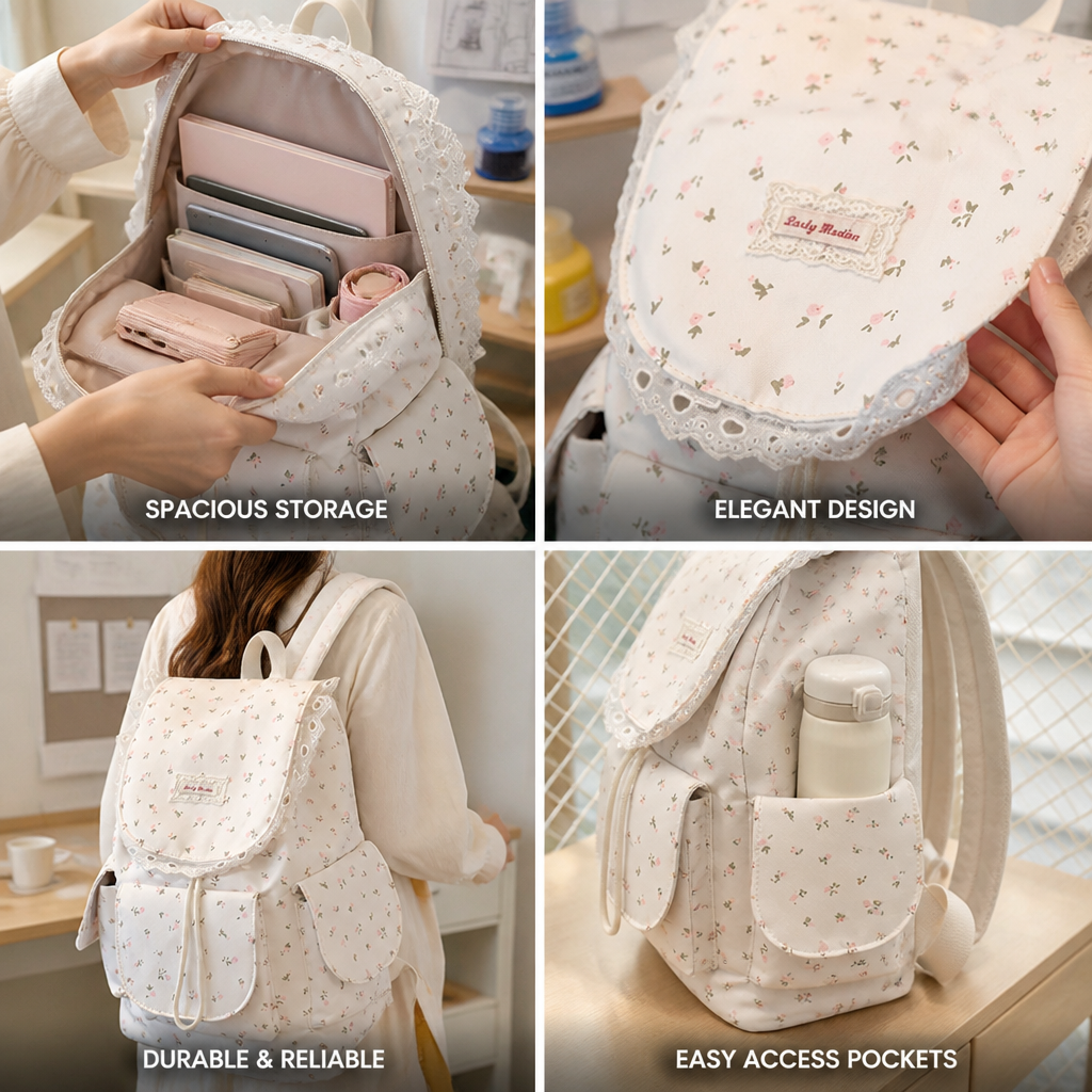 Spacious Floral Ruffle School Backpack