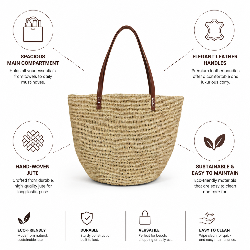 Spacious Hand-Woven Jute Tote Bag (Leather Handles)