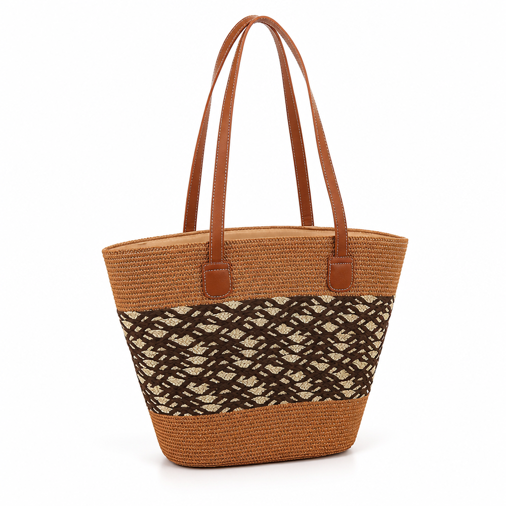 Spacious Hand-Woven Straw & Faux Leather Tote Bag