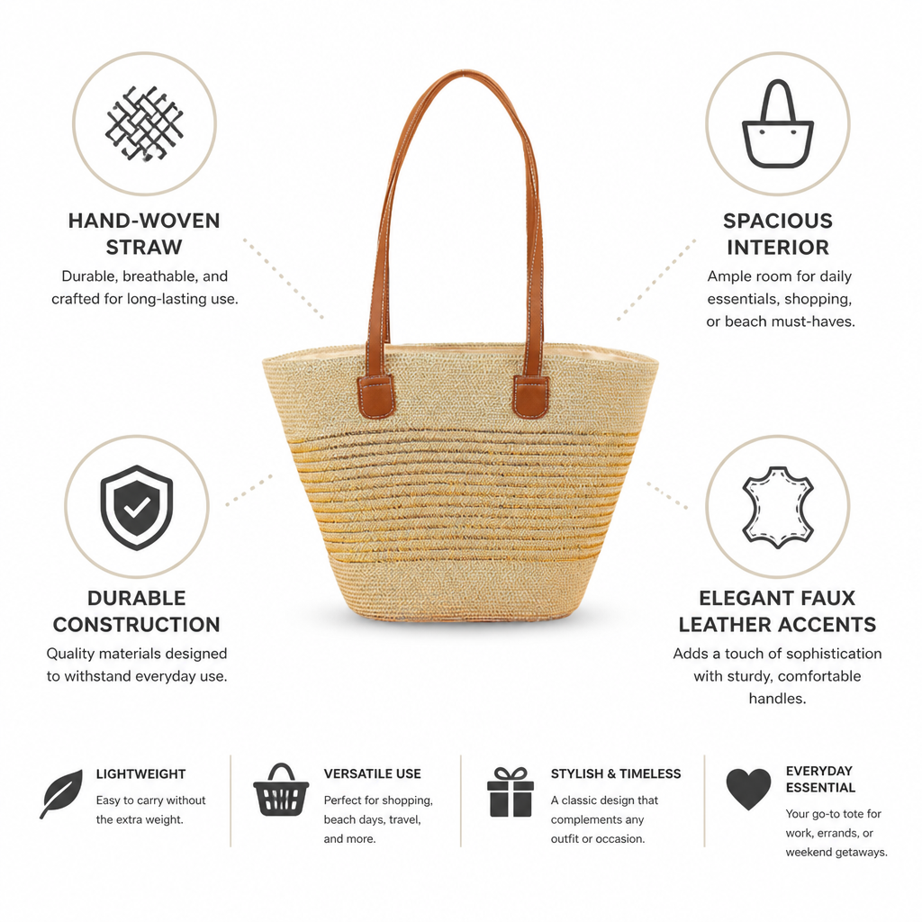 Spacious Hand-Woven Straw & Faux Leather Tote Bag