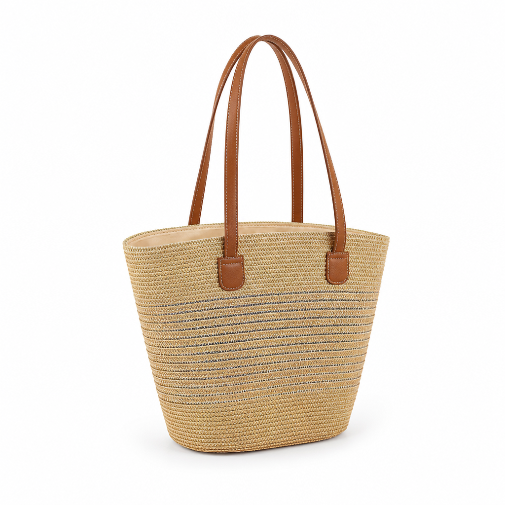 Spacious Hand-Woven Straw & Faux Leather Tote Bag