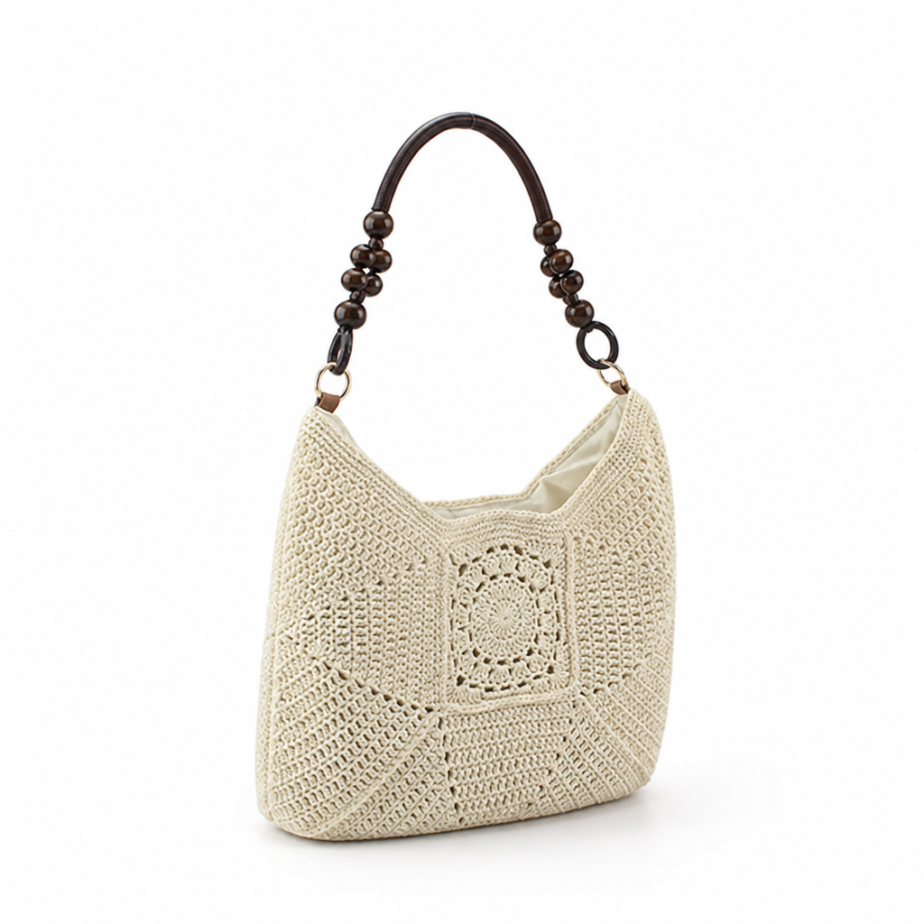 Spacious Handcrafted Crochet Handbag With Wooden Handles