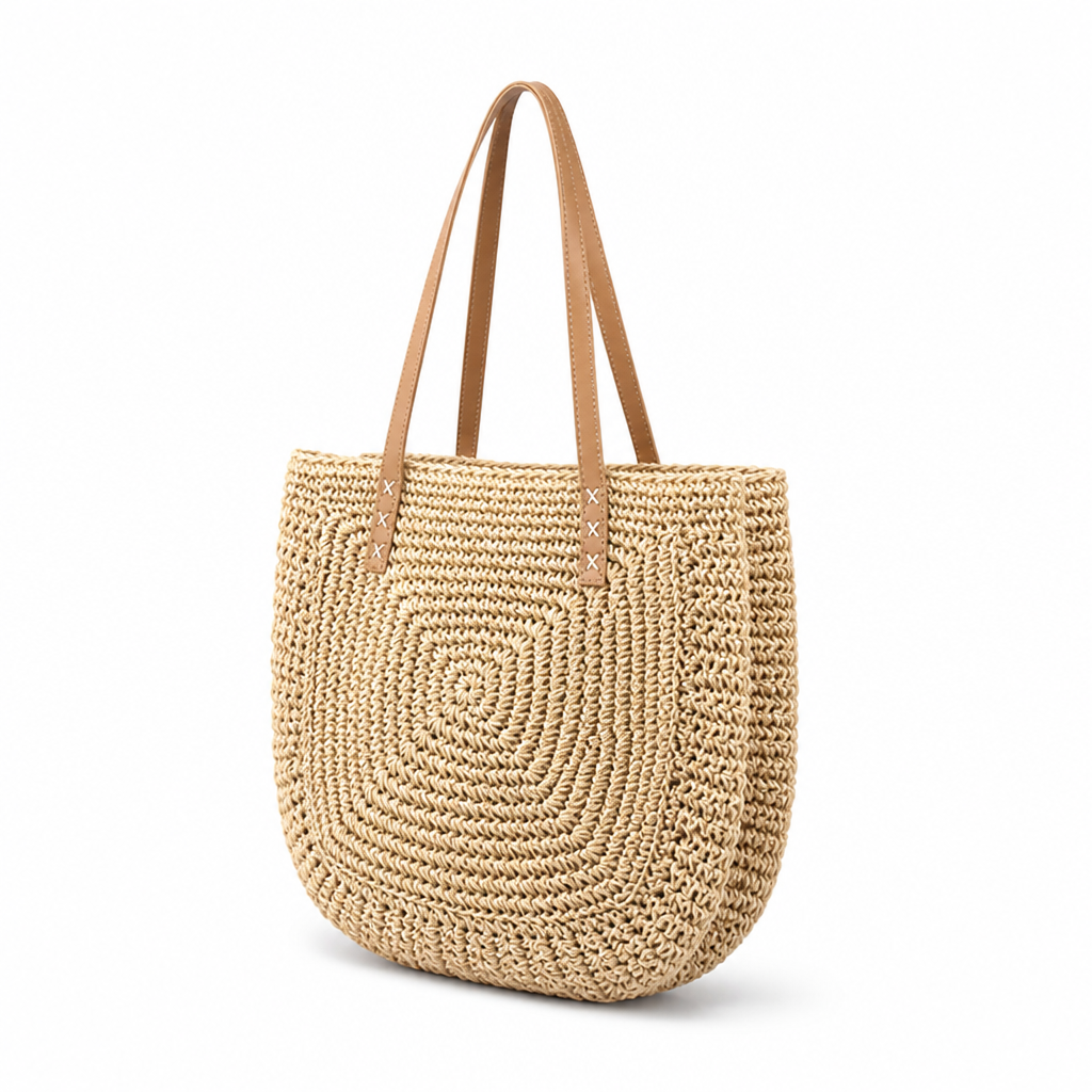 Spacious Handwoven Natural Fiber Tote Bag (Faux Leather Handles)