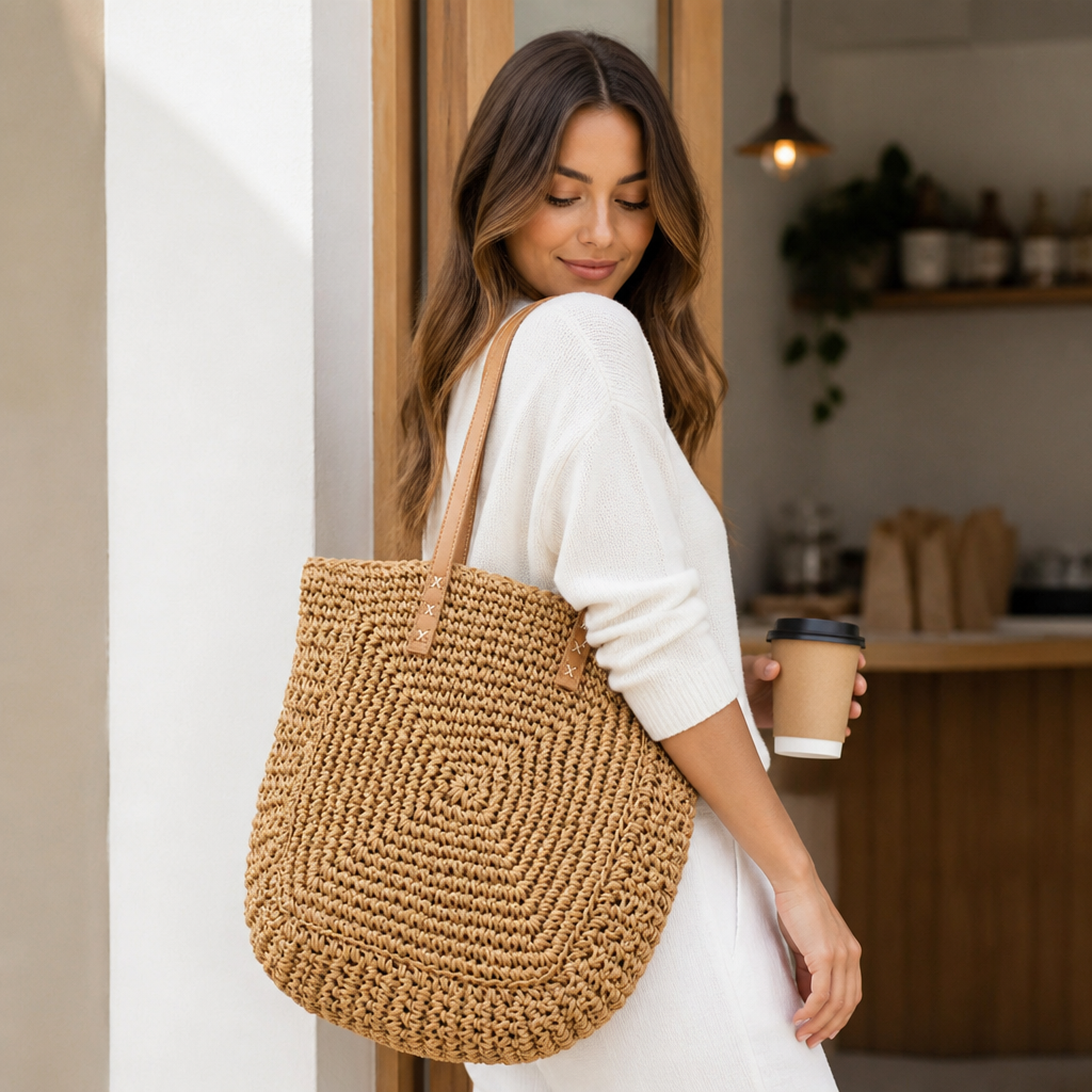 Spacious Handwoven Natural Fiber Tote Bag (Faux Leather Handles)