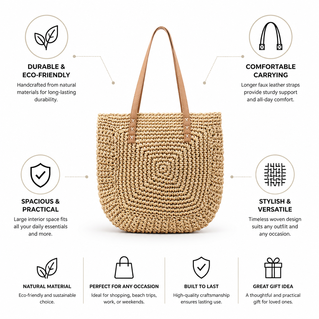 Spacious Handwoven Natural Fiber Tote Bag (Faux Leather Handles)