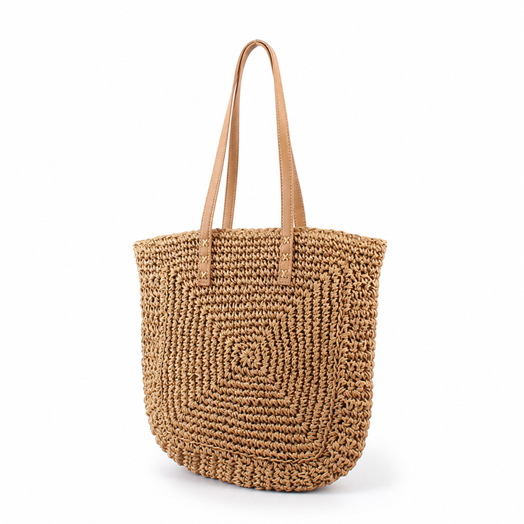 Spacious Handwoven Natural Fiber Tote Bag (Faux Leather Handles)