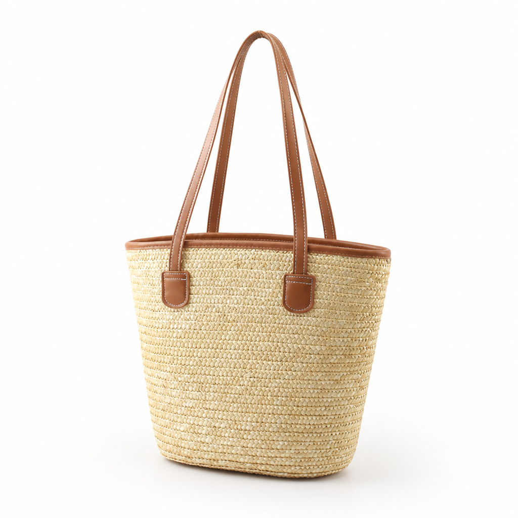 Spacious Handwoven Raffia Basket Bag With Leather Handles