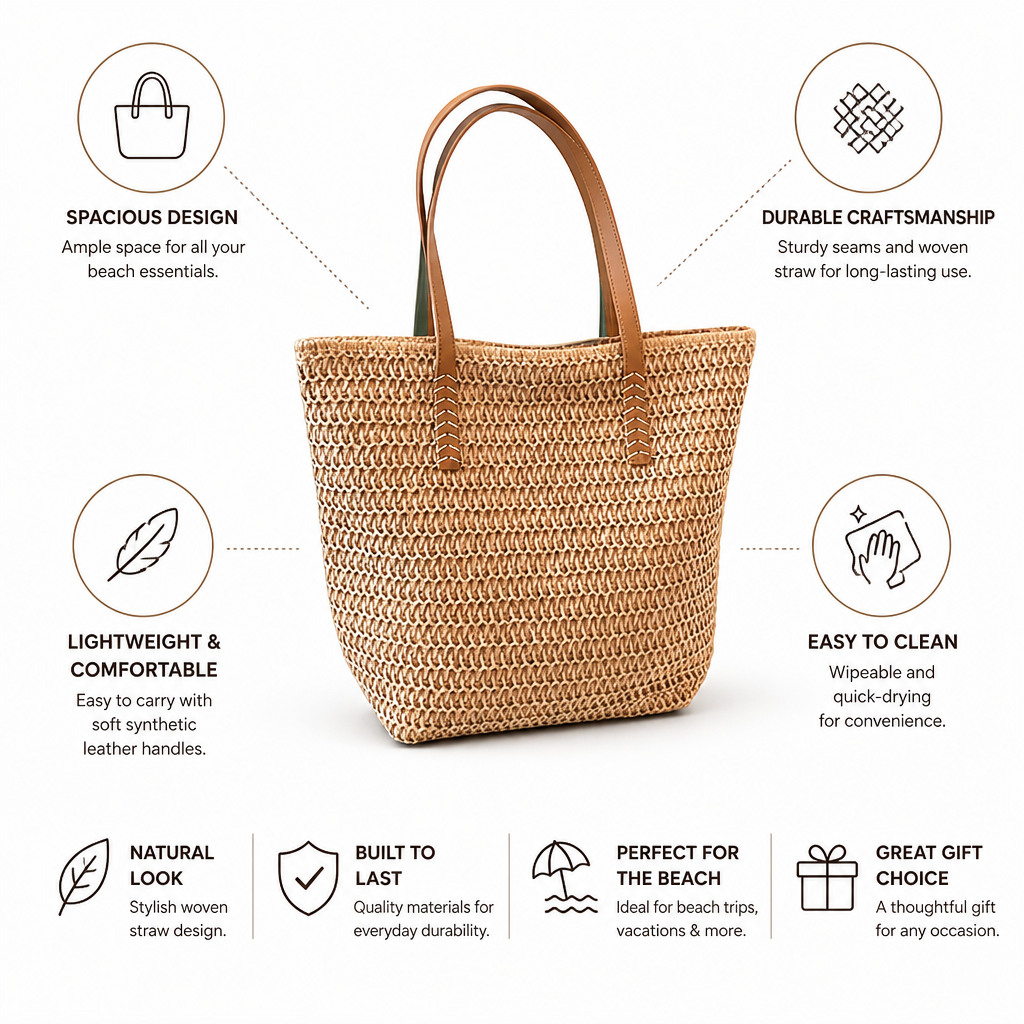 Spacious Lightweight Woven Straw Beach Bag (Faux Leather Handles)