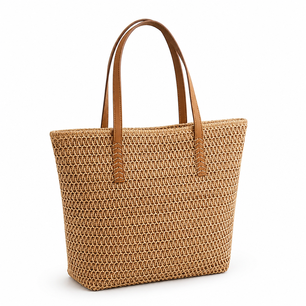 Spacious Lightweight Woven Straw Beach Bag (Faux Leather Handles)
