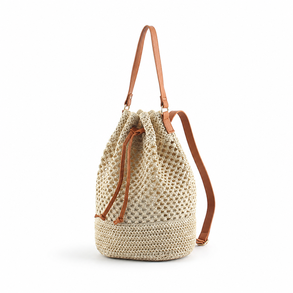 Spacious Natural Raffia Backpack With Adjustable Leather Straps