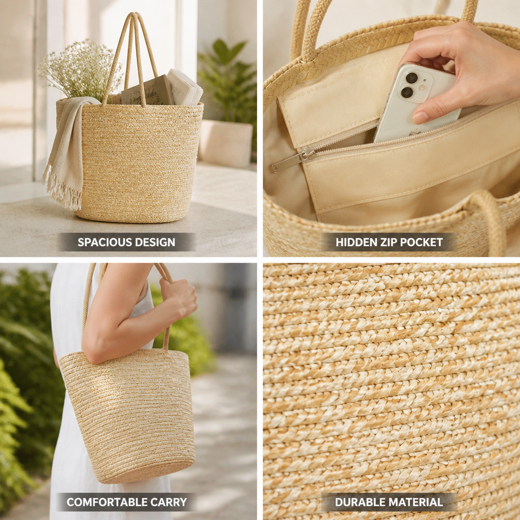 Spacious Natural Woven Shopping Bag (Hidden Zipper Pocket)