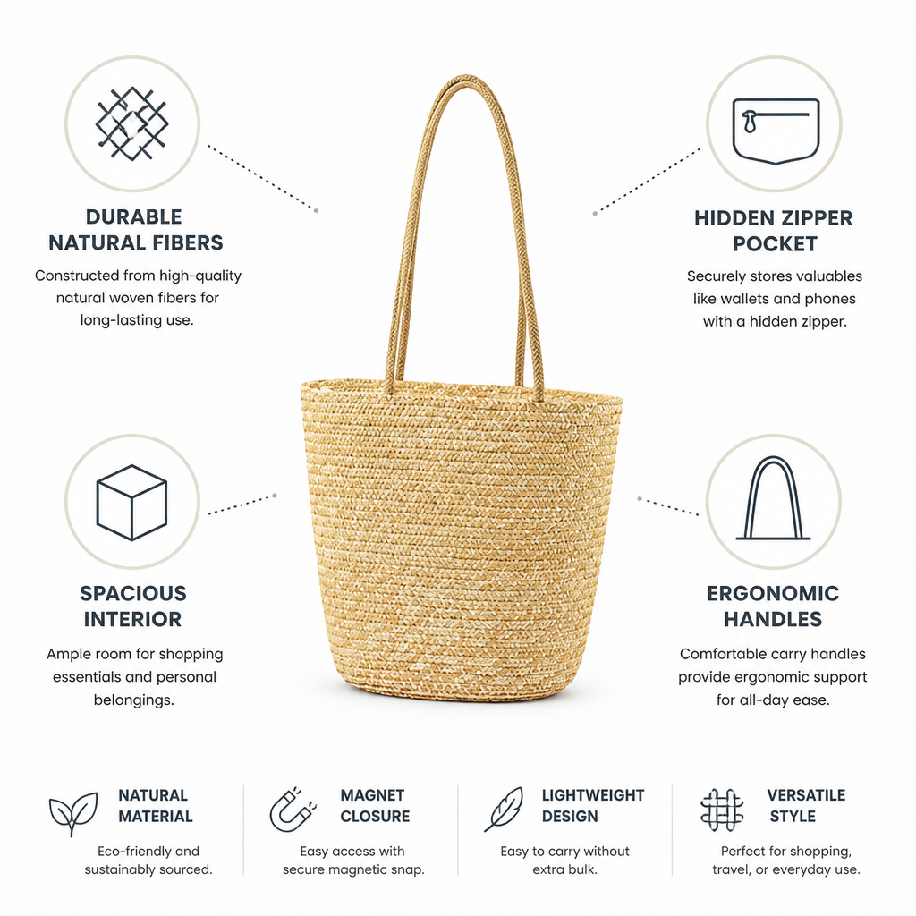 Spacious Natural Woven Shopping Bag (Hidden Zipper Pocket)
