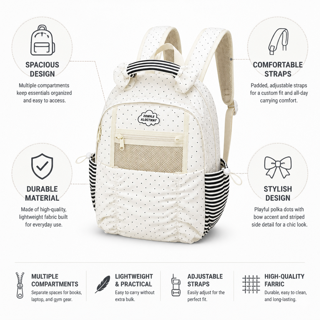 Spacious Polka Dot School Backpack (Padded Adjustable Straps)