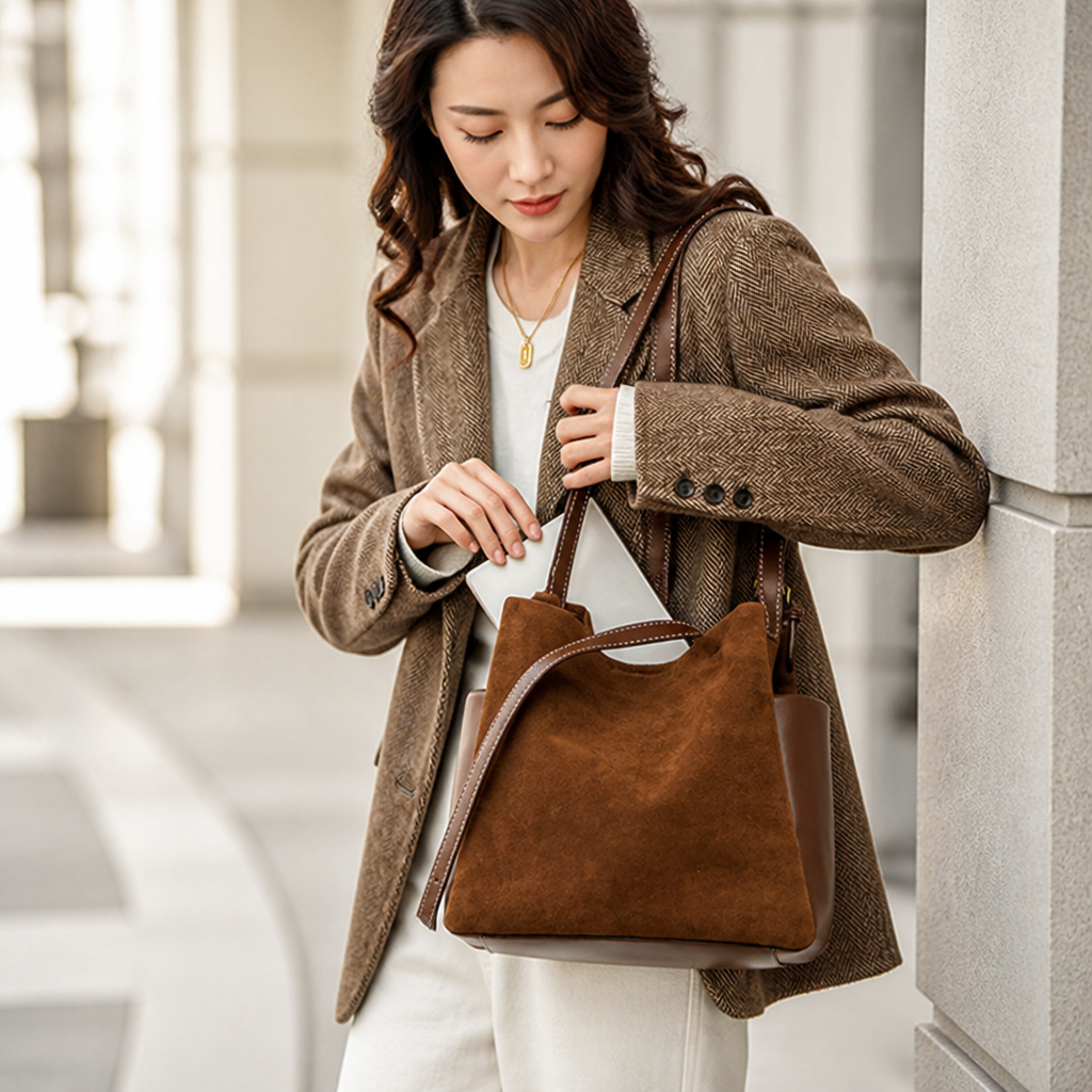 Spacious Premium Suede Bucket Handbag (Shoulder Strap & Handles)
