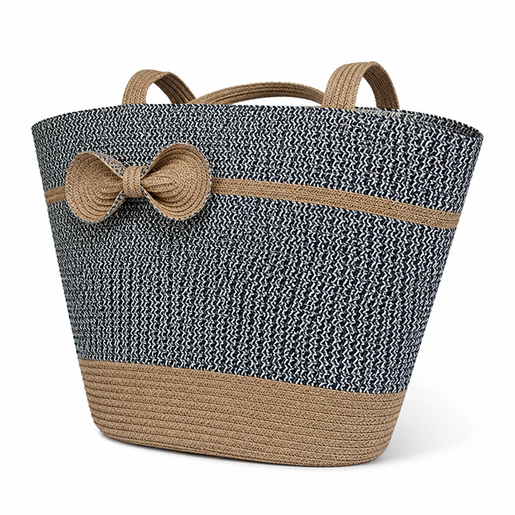 Spacious Straw Tote Bag With Bow Closure