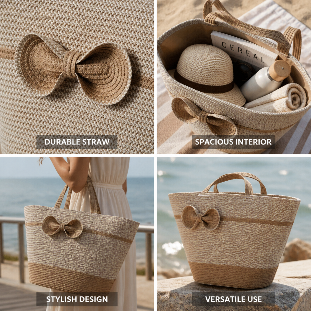 Spacious Straw Tote Bag With Bow Closure