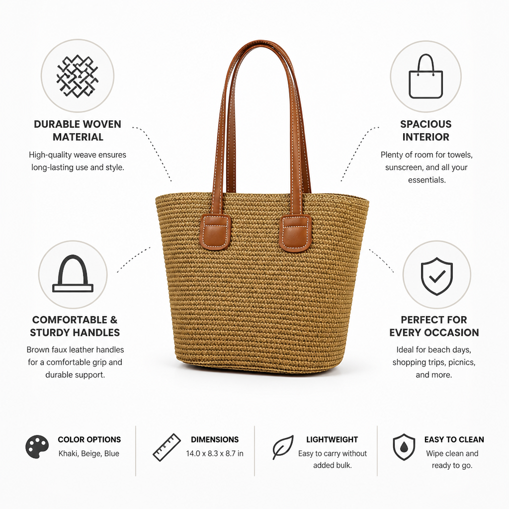 Spacious Woven Beach Bag (Faux Leather Handles)