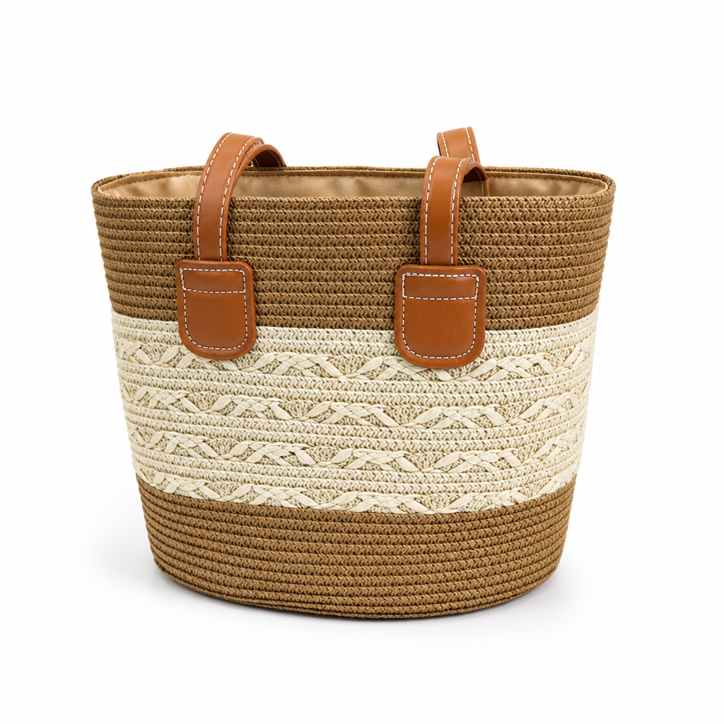 Spacious Woven Beach Bag (Faux Leather Handles)