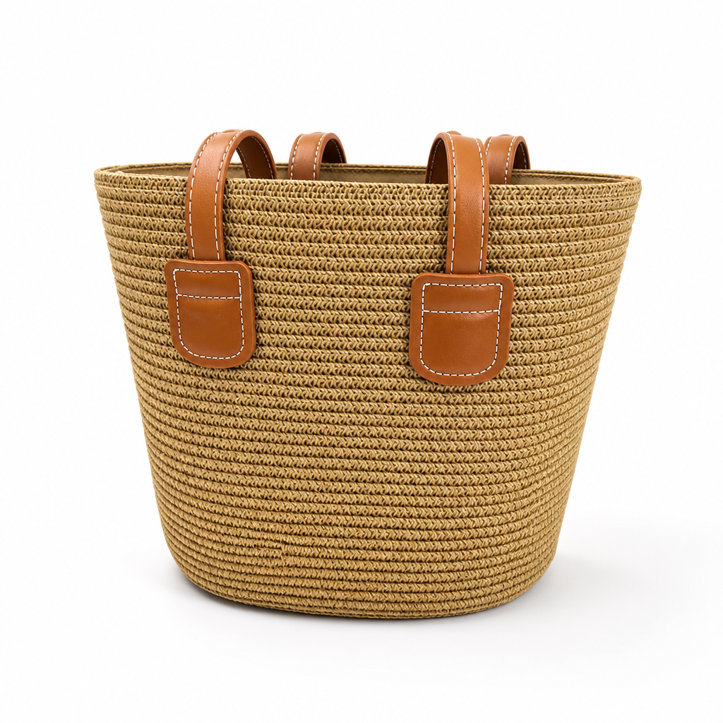Spacious Woven Beach Bag (Faux Leather Handles)