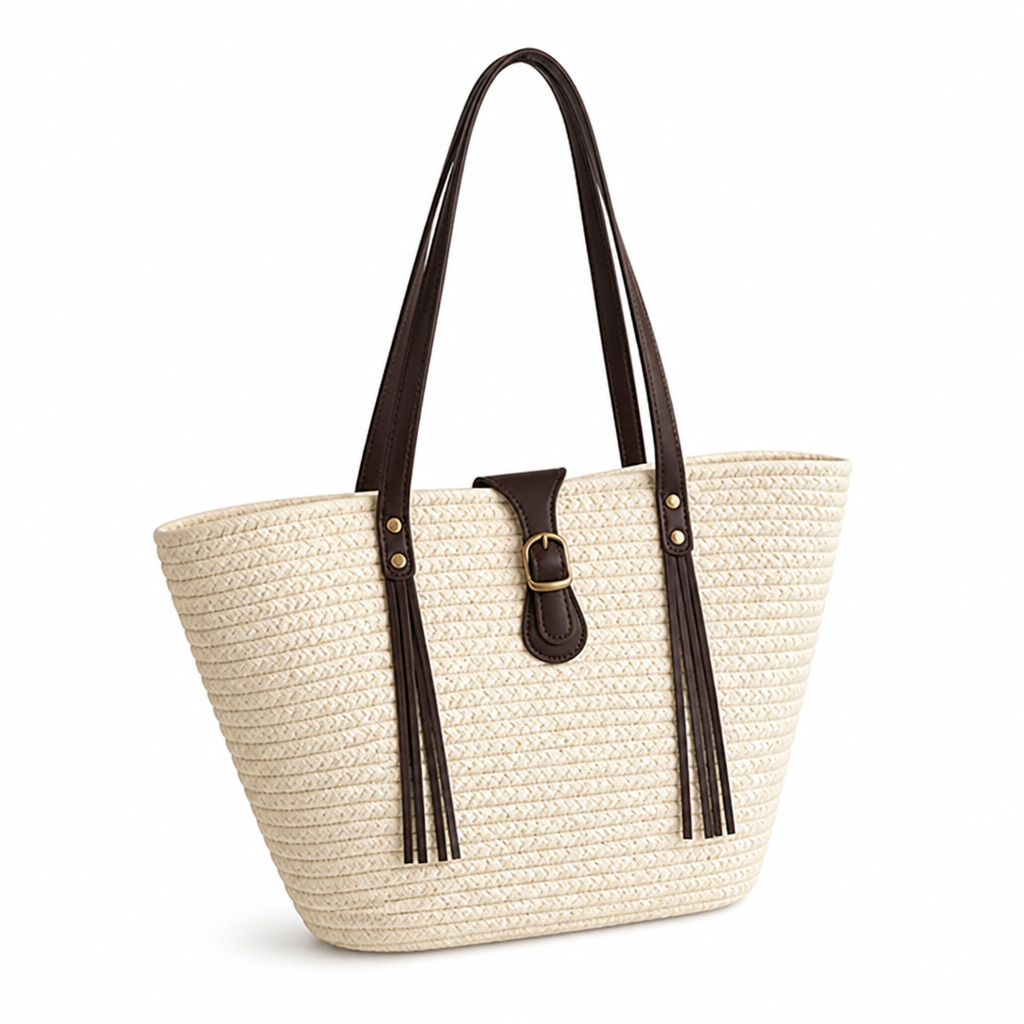 Spacious Woven Leather-Handled Beach Tote