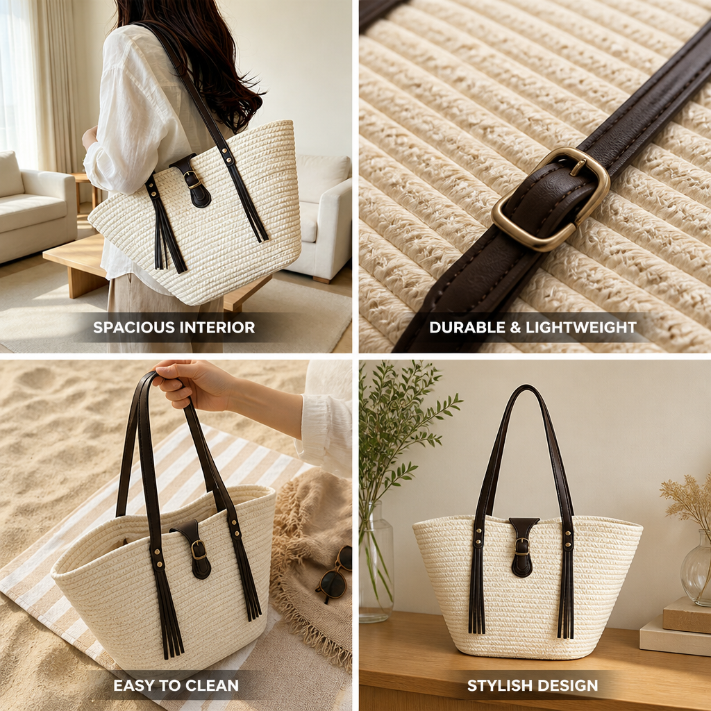 Spacious Woven Leather-Handled Beach Tote