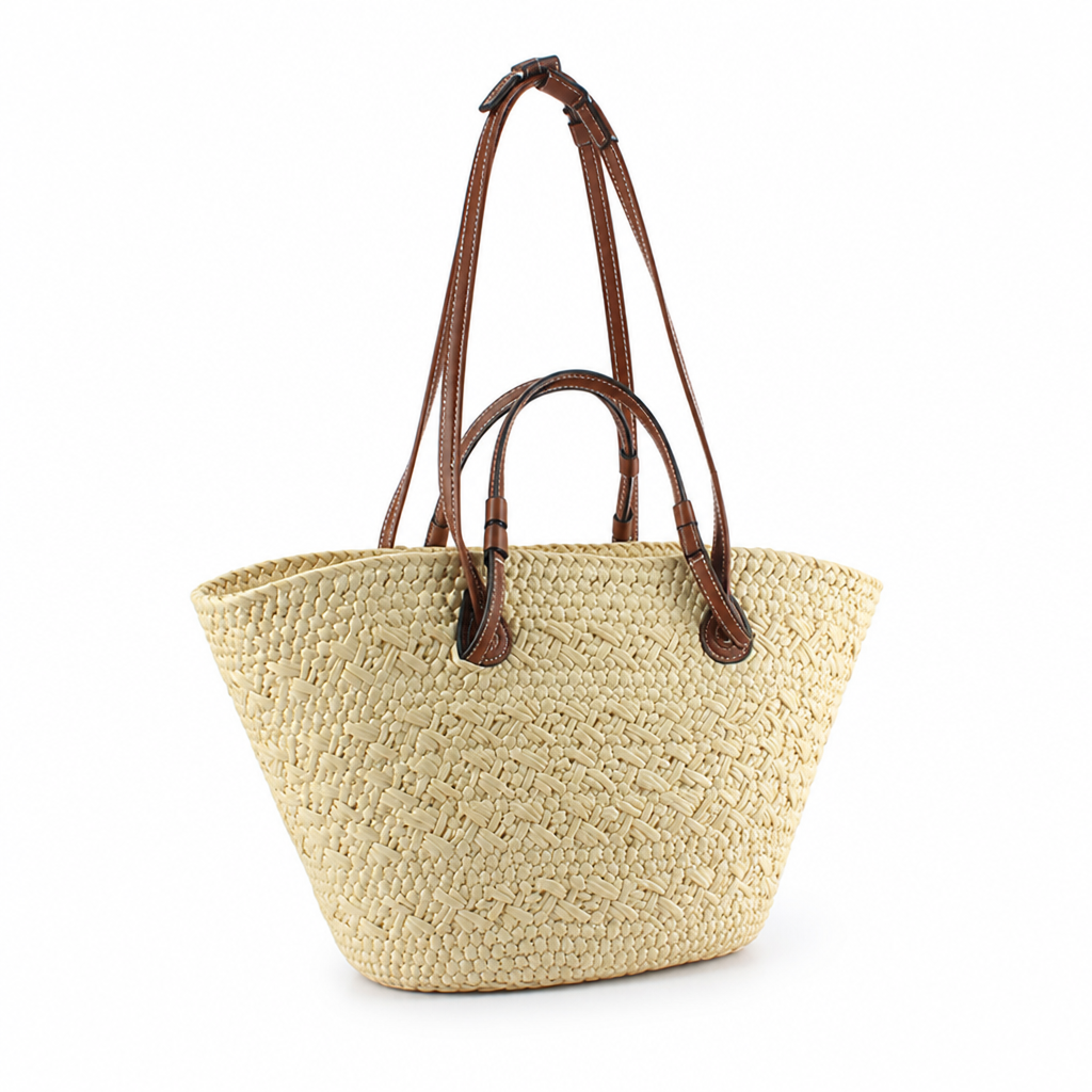 Spacious Woven Natural Handbag (Leather Handles)