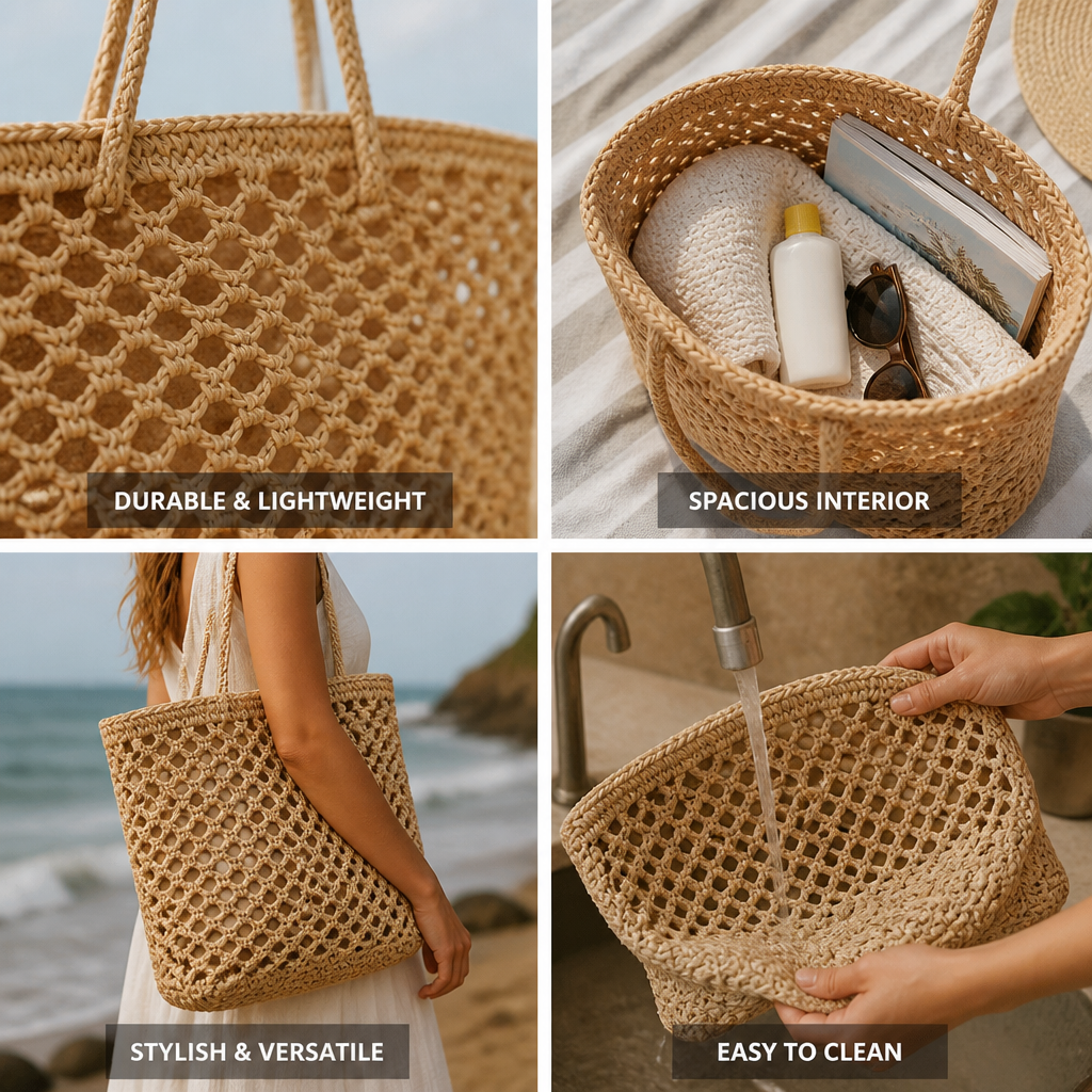 Spacious Woven Straw Beach Bag (Faux Leather Straps)