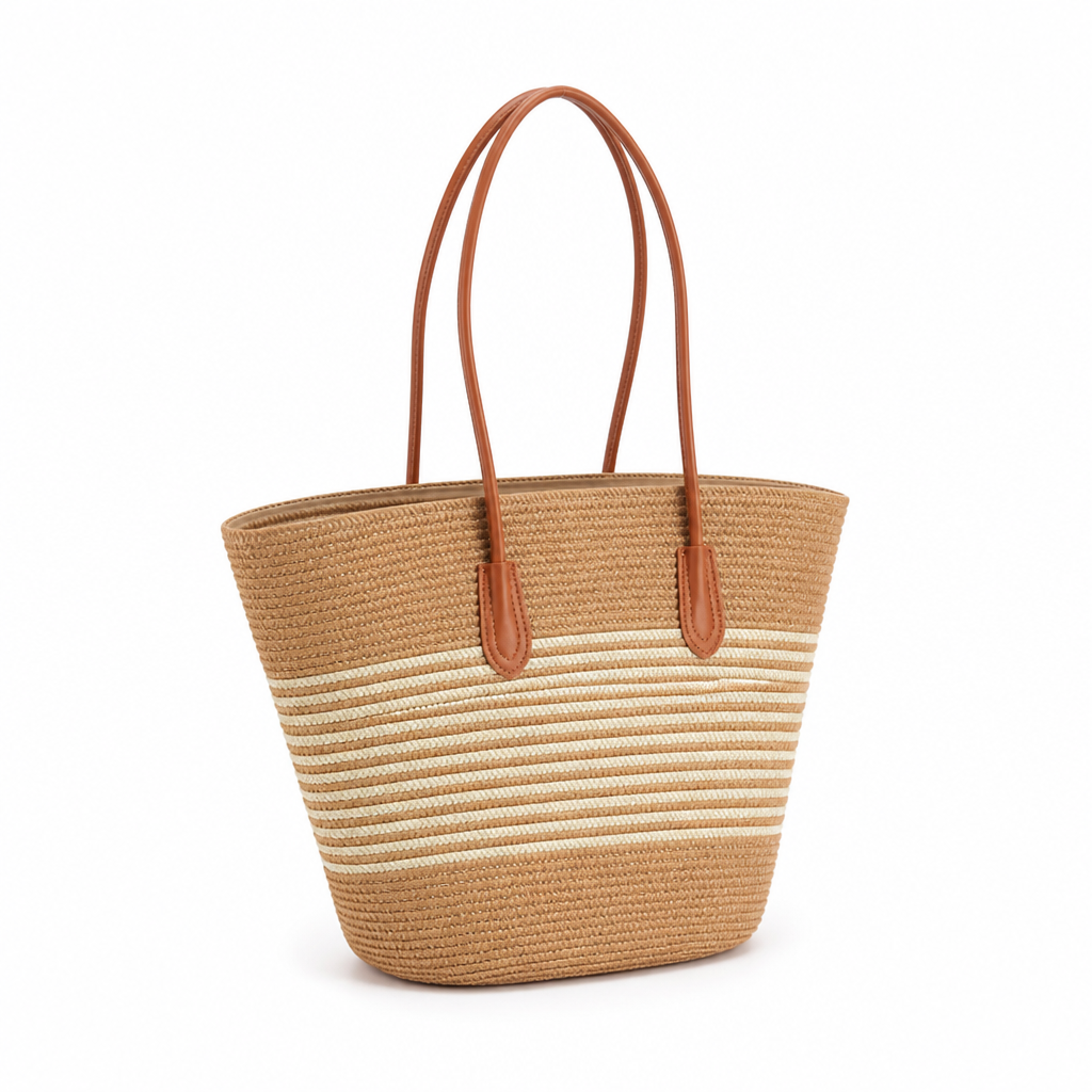 Spacious Woven Straw Beach Bag (Faux Leather Straps)