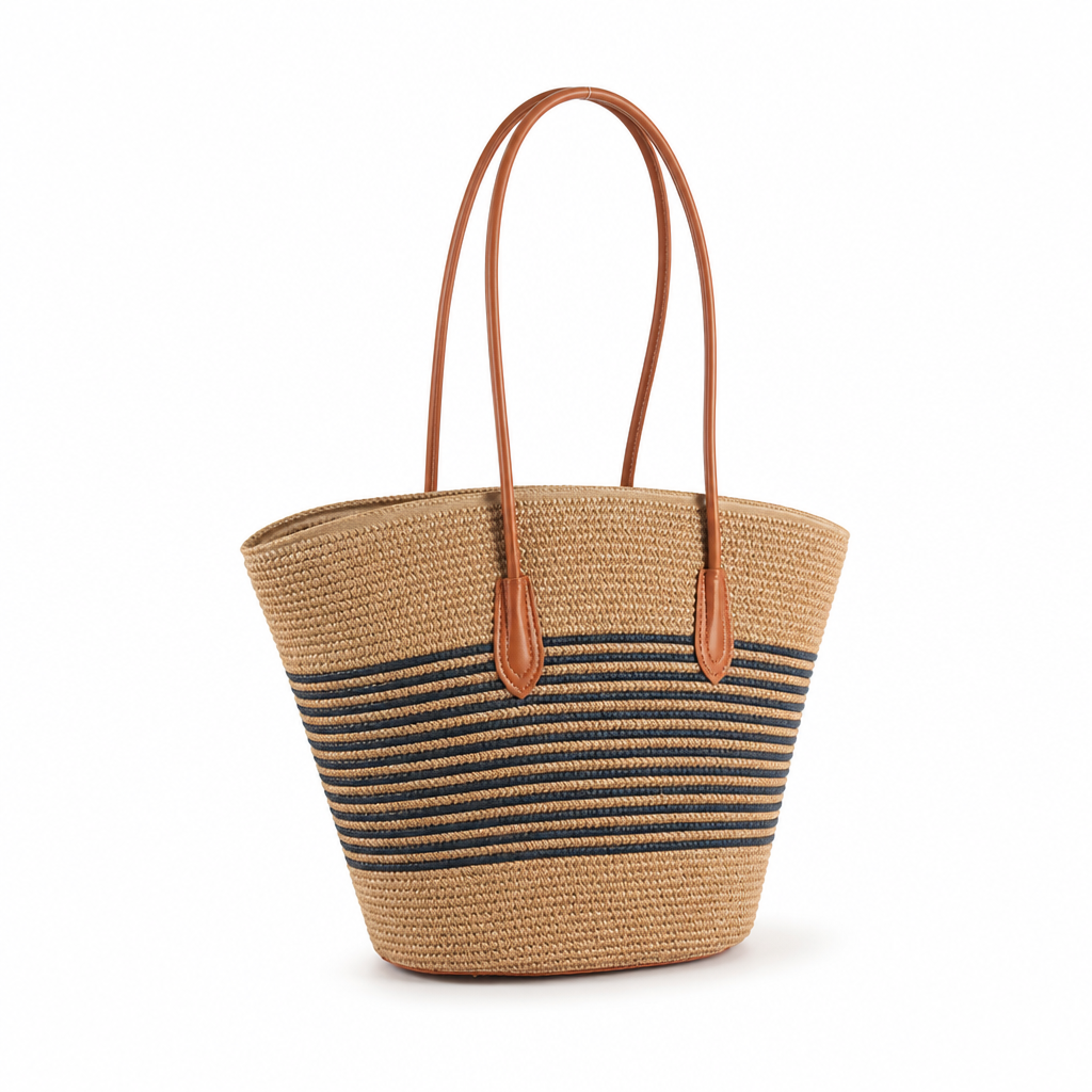 Spacious Woven Straw Beach Bag (Faux Leather Straps)