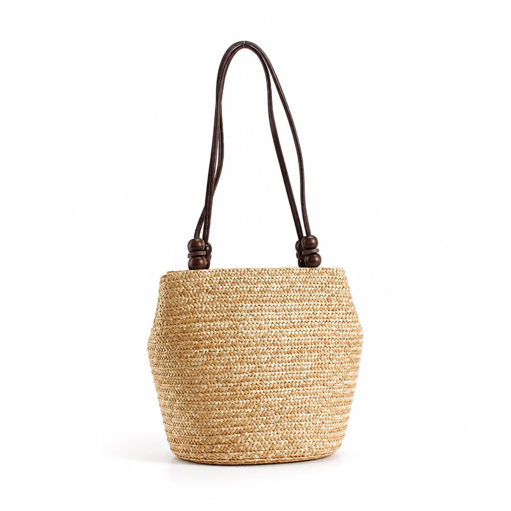 Spacious Woven Straw Beach Bag (Faux Leather Straps)