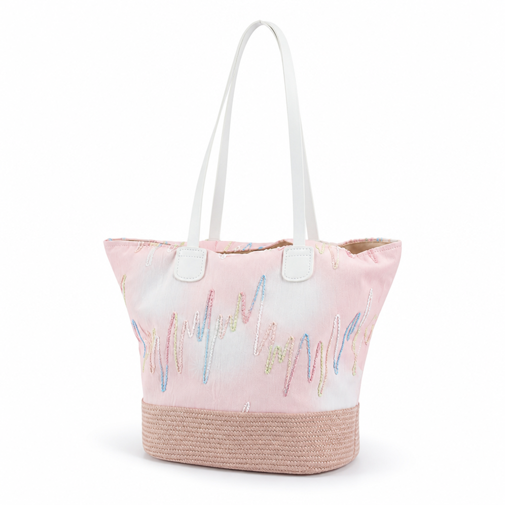 Spacious Woven Straw Beach Bag (Faux Leather Straps)