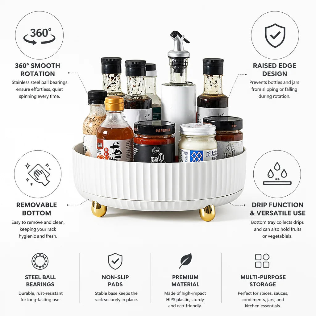 Spice Rack 360° Rotation Raised Edge & Removable Bottom