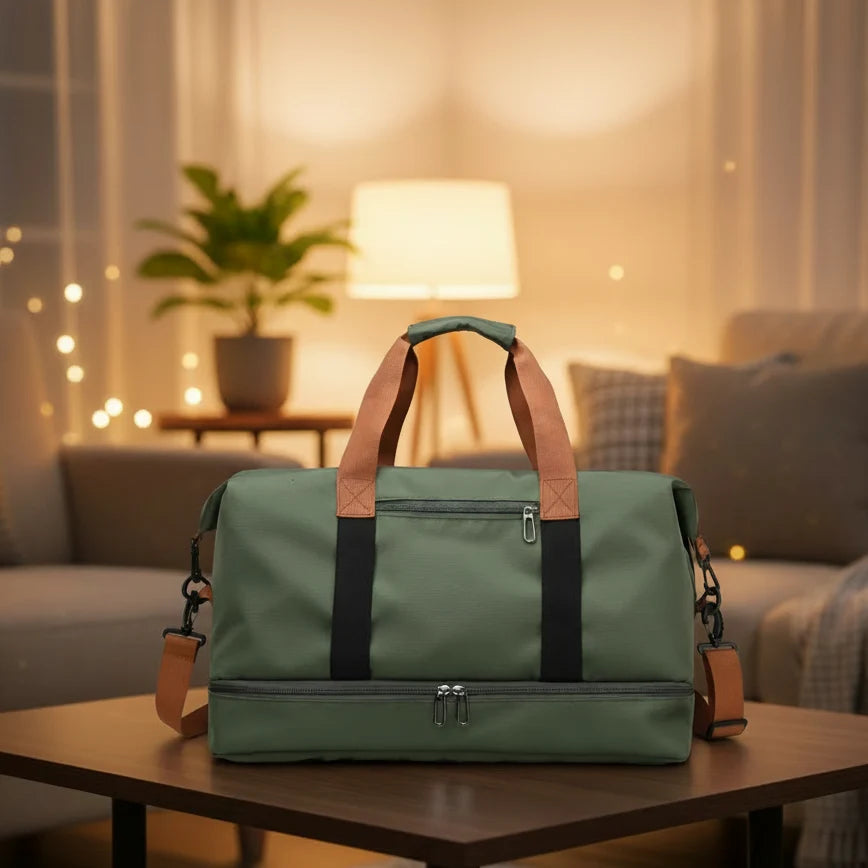 Sports Duffle Bag Separate Shoe & Wet-Dry Compartments Trolley Sleeve