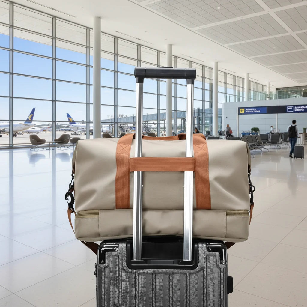 Sports Duffle Bag Separate Shoe & Wet-Dry Compartments Trolley Sleeve