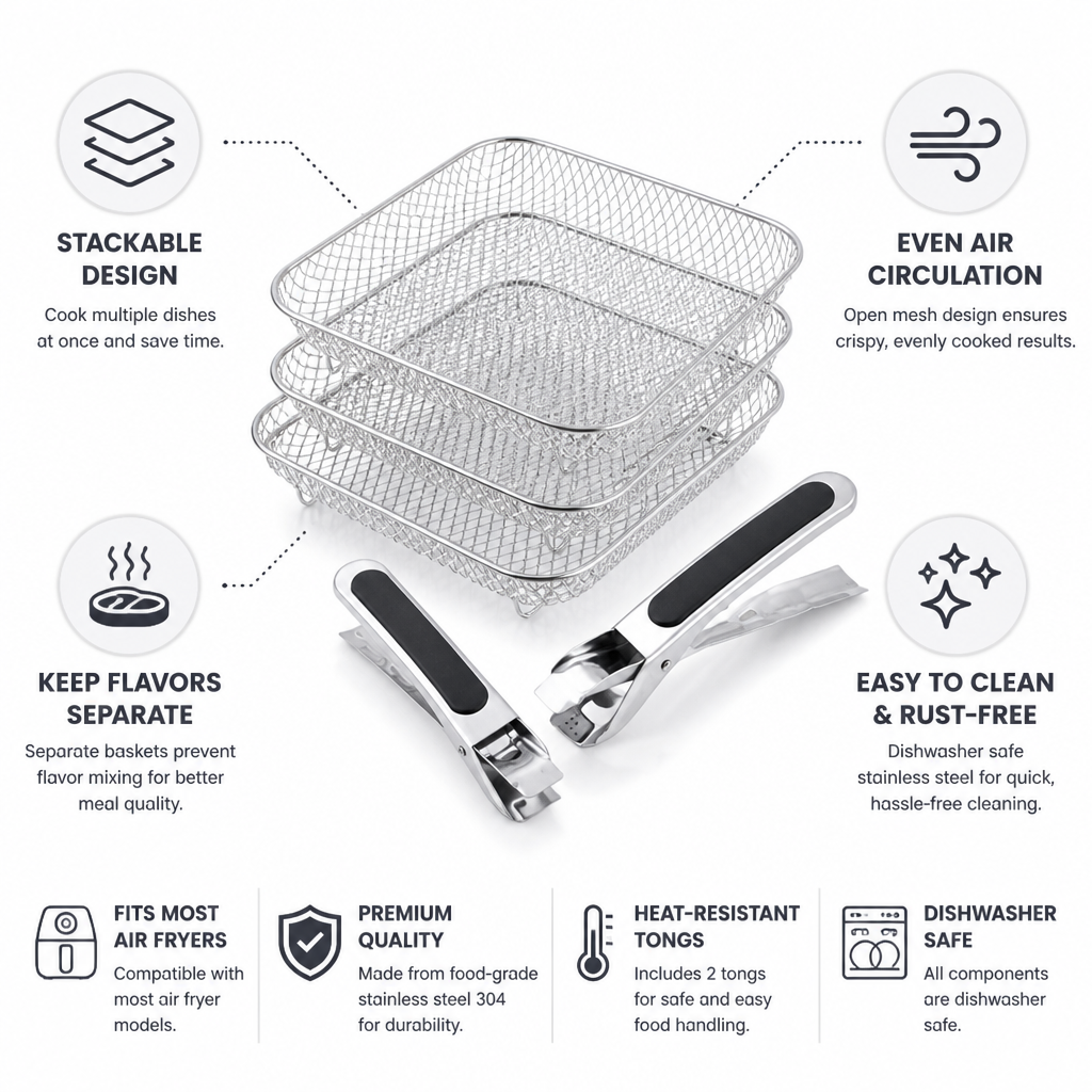 Stackable Open Mesh Stainless Steel Air Fryer Baskets (Set of 3 + Tongs)