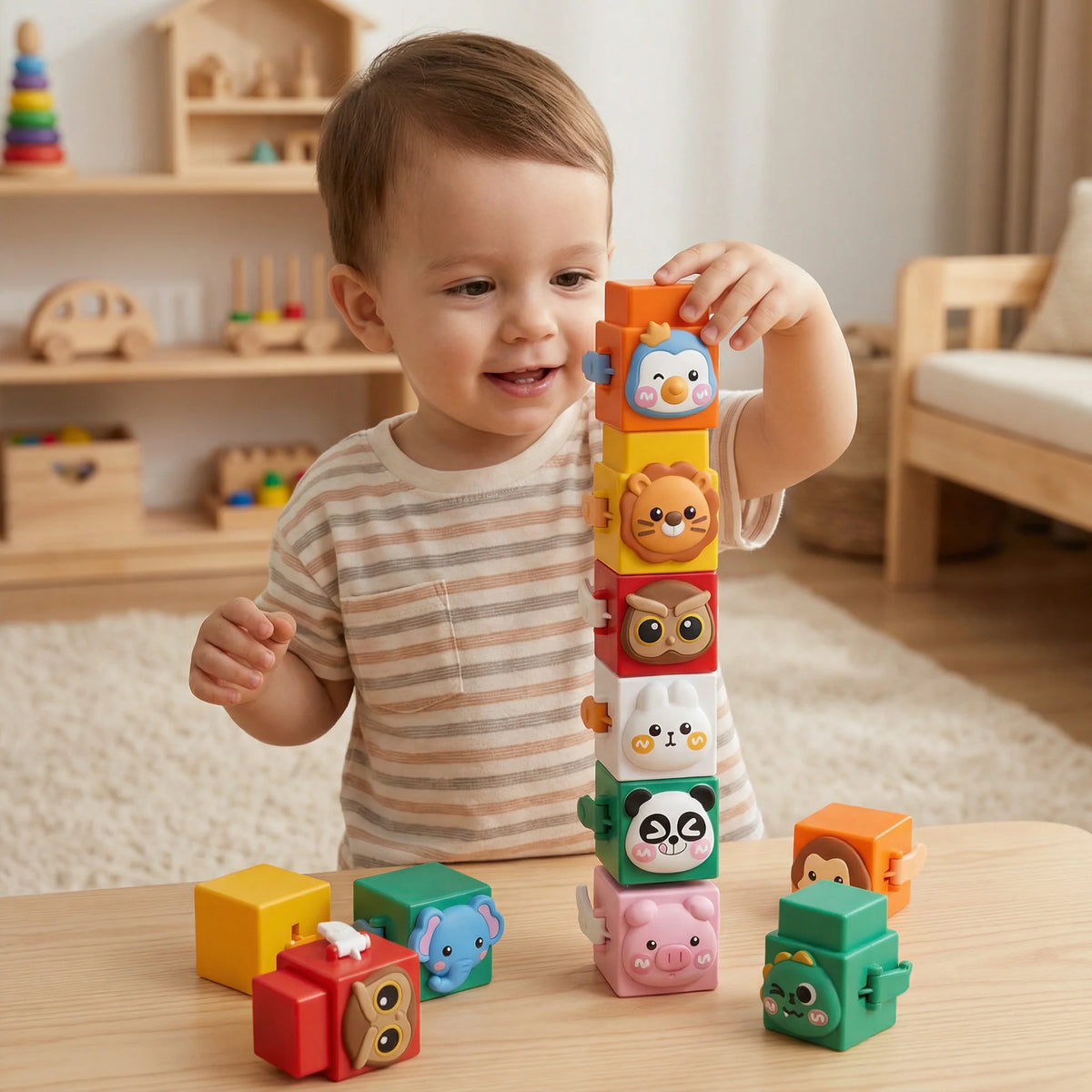 Stacking Blocks Nesting Design Animal Faces & Color Match