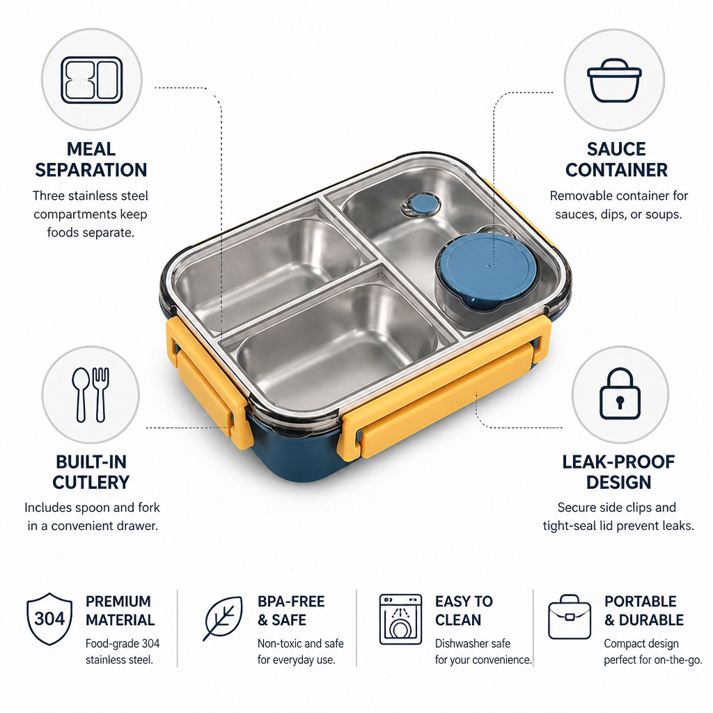 Stainless Steel Compartments & Cutlery Drawer Bento Box