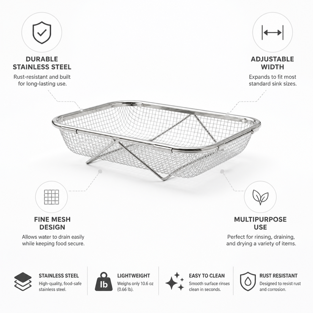 Stainless Steel Fine Mesh Sink Basket (Adjustable Width)