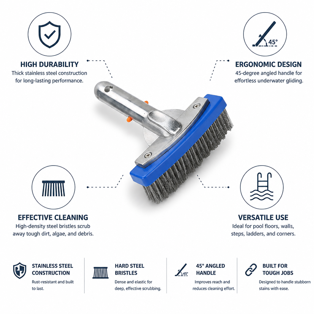 Stainless Steel Hard-Bristle Angled Pool Brush (5.5in)