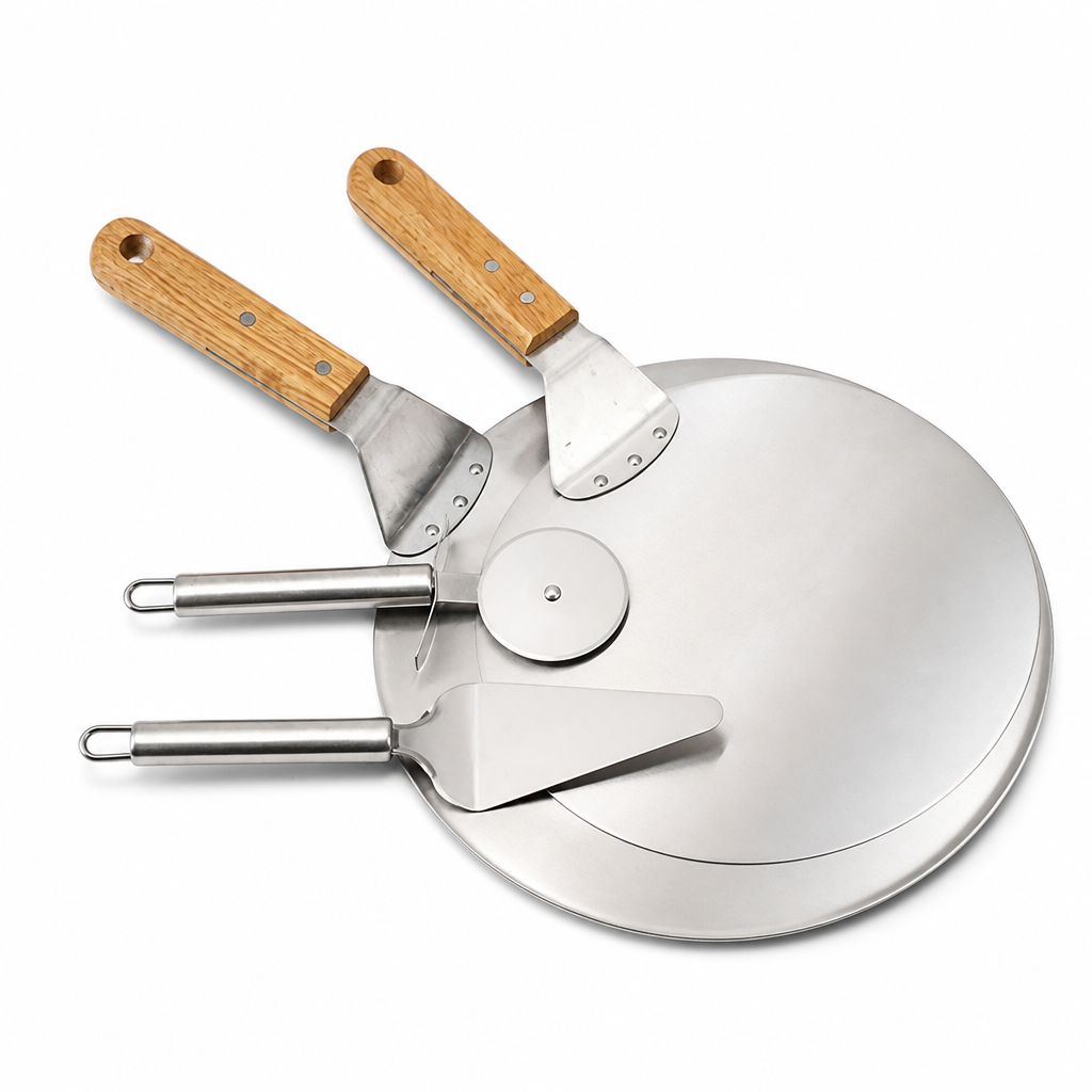 Stainless Steel & Wooden-Handled Pizza Baking Set (Includes Peels & Cutter)