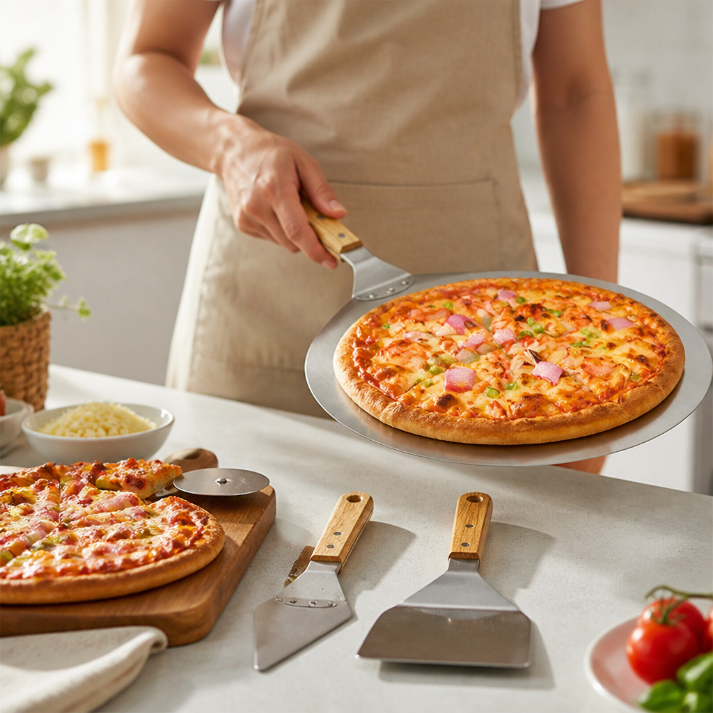 Stainless Steel & Wooden-Handled Pizza Baking Set (Includes Peels & Cutter)