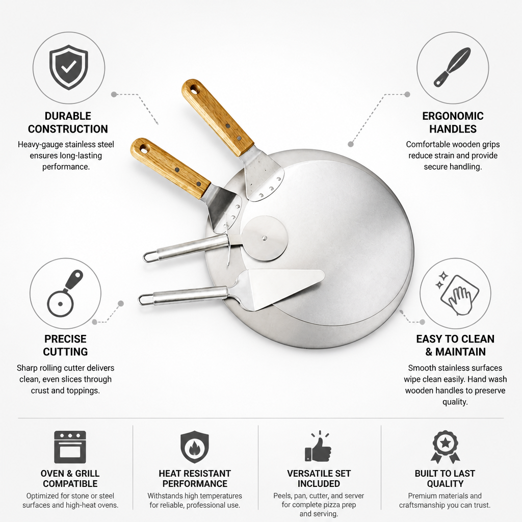 Stainless Steel & Wooden-Handled Pizza Baking Set (Includes Peels & Cutter)