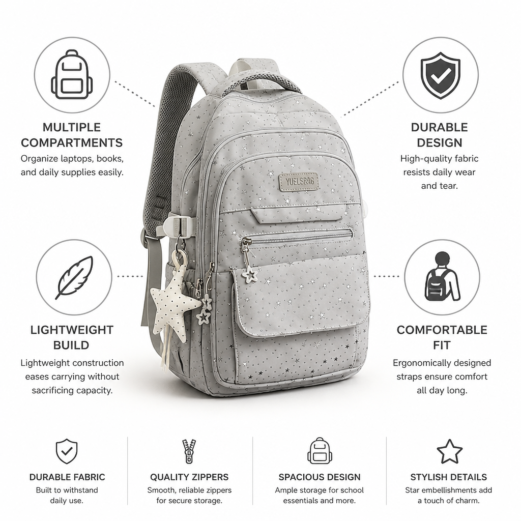 Star-Embellished Multi-Compartment School Backpack