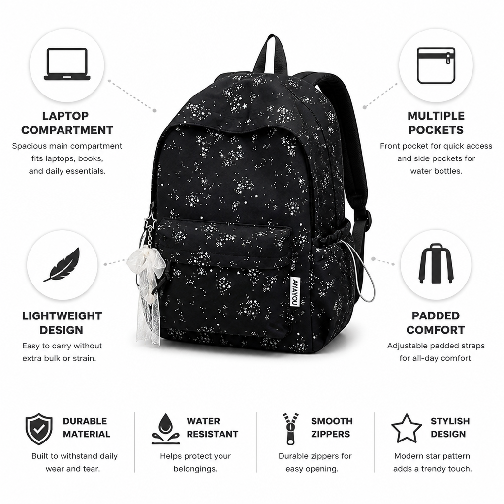 Star-Patterned Laptop Compartment School Backpack