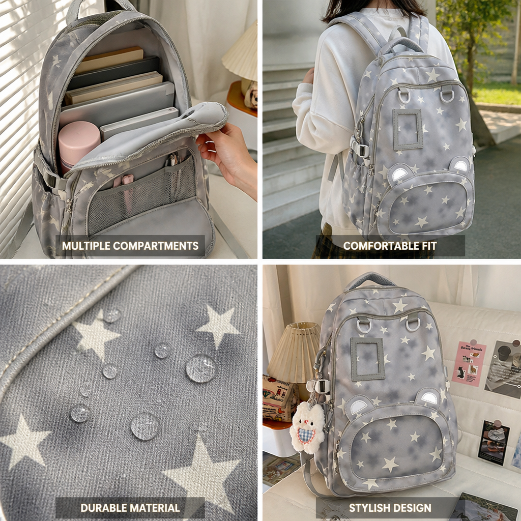 Star-Patterned Multi-Compartment Kids Backpack