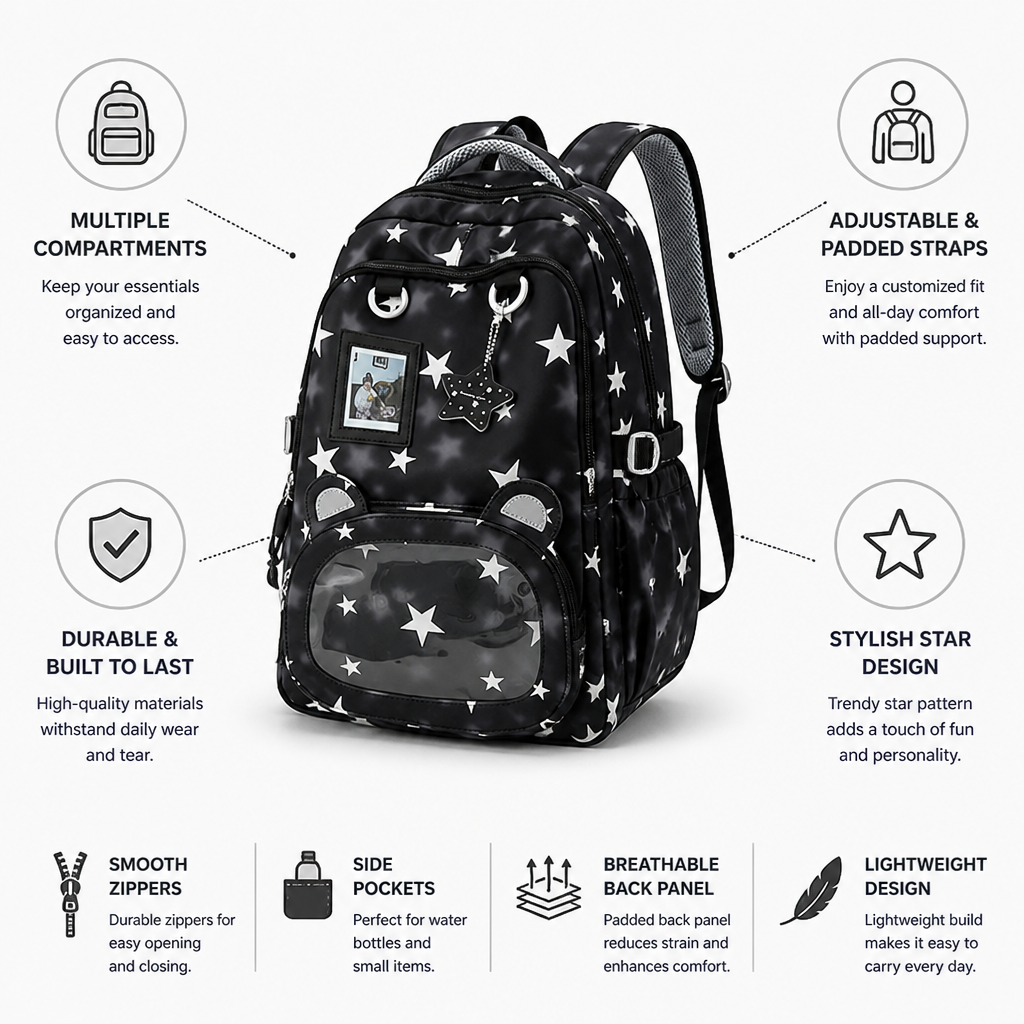 Star-Patterned Multi-Compartment Kids Backpack