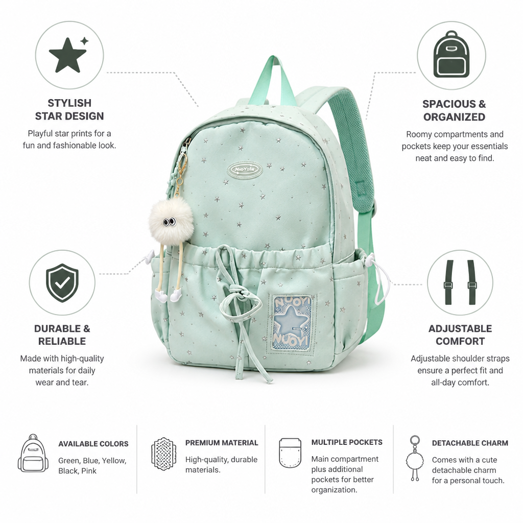 Star-Print Spacious School Backpack (Adjustable Straps)