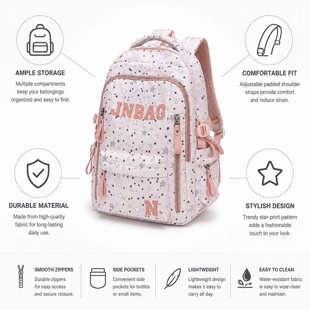 Star-Printed Multi-Compartment School Backpack (Adjustable Padded Straps)