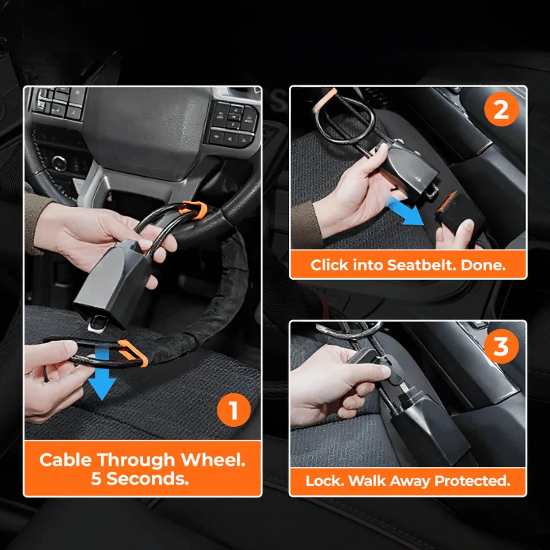 Steering Wheel Cable Lock Reinforced Steel High-Visibility Theft Deterrent